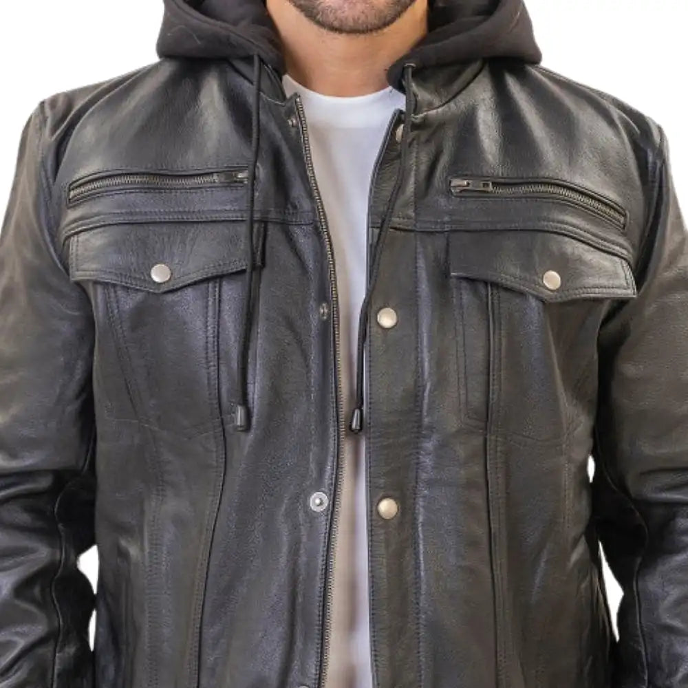 A model wearing the Easton hooded trucker jacket with the hood up, demonstrating a laid-back, urban riding look that transitions easily to off-bike wear.