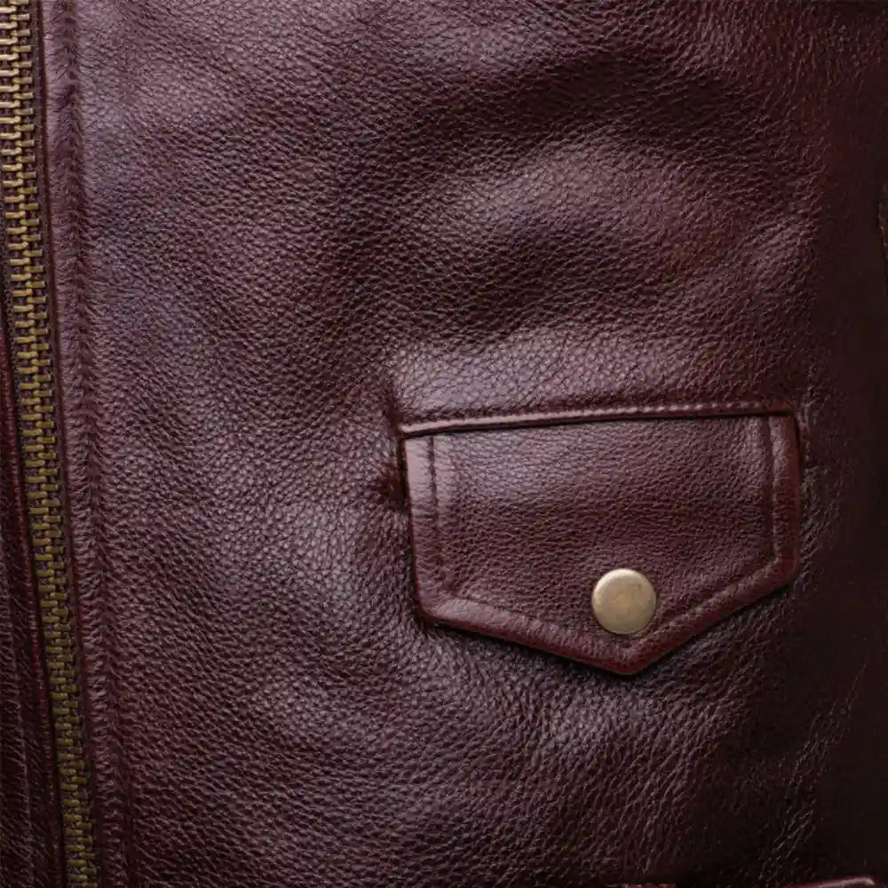 Close-up of the side pocket on Elliot oxblood leather biker jacket