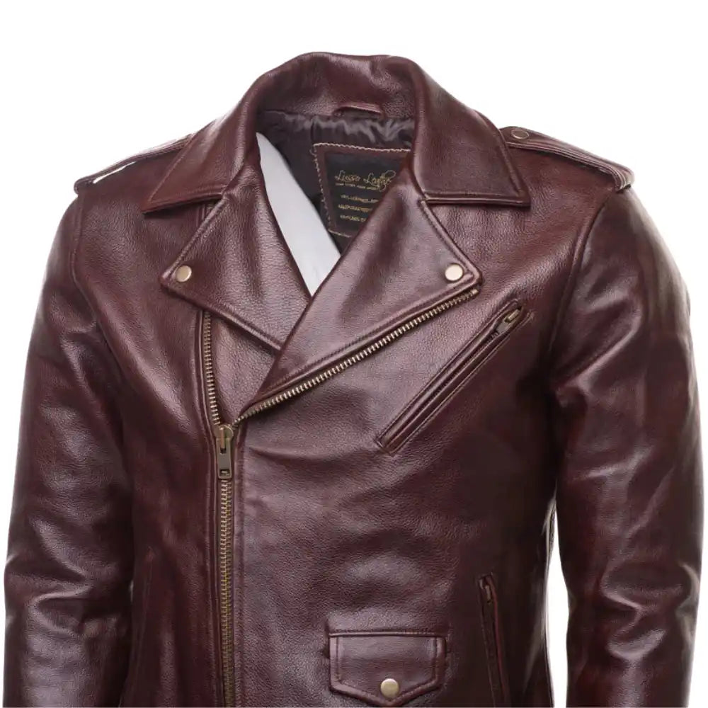 Elliot Oxblood Belted Leather Biker Jacket front angle oxblood leather jacket with asymmetrical zipper