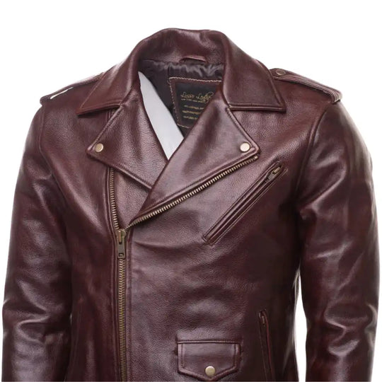 Elliot Oxblood Belted Leather Biker Jacket front angle oxblood leather jacket with asymmetrical zipper