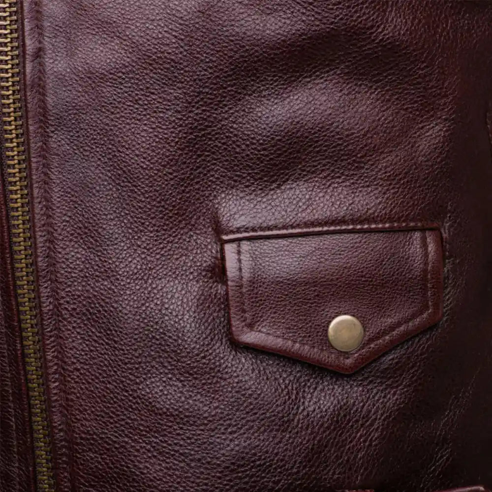 Elliot Oxblood Belted Leather Biker Jacket close up of zip pocket on biker jacket