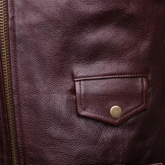 Elliot Oxblood Belted Leather Biker Jacket close up of zip pocket on biker jacket