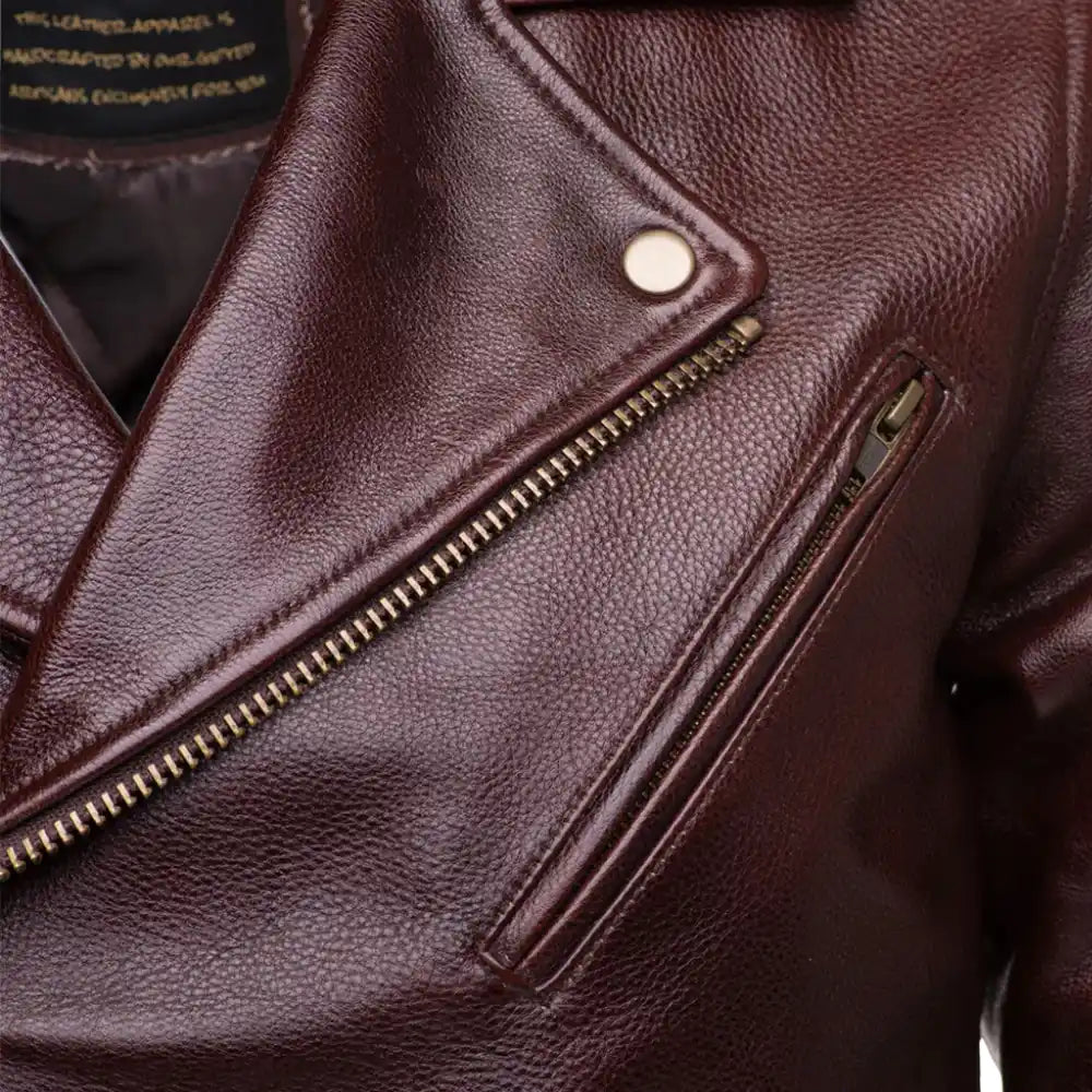 Elliot Oxblood Belted Leather Biker Jacket close up asymmetrical zipper detail