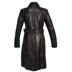Back view of the Evelyn full length leather overcoat, highlighting the longline silhouette and the adjustable belt loop detail.