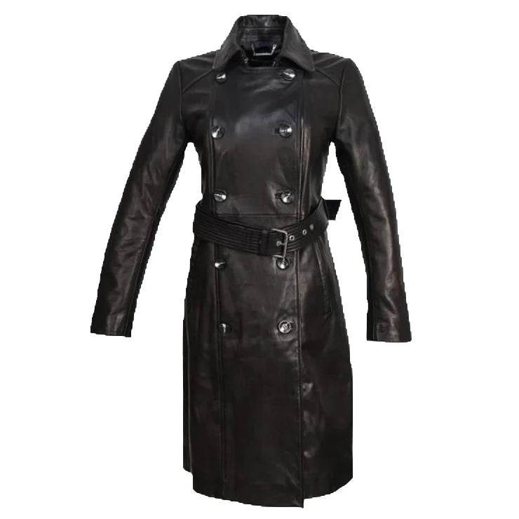 Front view of the Evelyn full length leather overcoat featuring a wide waist belt and classic double-breasted button closure.