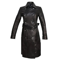 Front view of the Evelyn full length leather overcoat featuring a wide waist belt and classic double-breasted button closure.