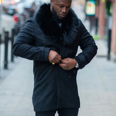 Model wearing Farrel's Cashmere 3/4 Length Trench Coat with Fox Fur Collar elegant winter outfit