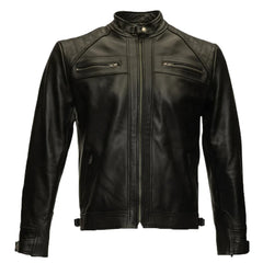 Finnian's Black Midnight Café Racer Jacket front view black leather cafe racer jacket sleek design