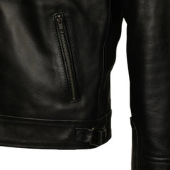 Finnian's Black Midnight Café Racer Jacket close up zipper on leather jacket