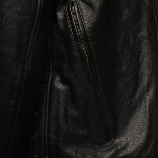 Close-up of the polished silver-tone hardware, including the snap-down lapels, heavy-gauge zippers, and the integrated waist buckle.