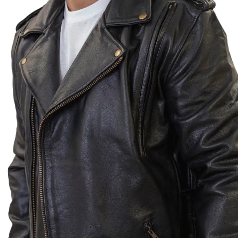 A model wearing the Flint Black Double Rider, showing the jacket partially unzipped to reveal the layered leather look and its rebellious, timeless style.