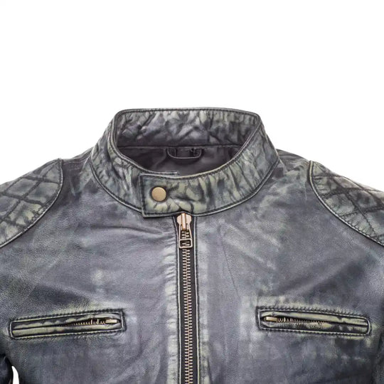 Grayson Stone Wash Cafe Racer Jacket close up of band collar with snap button