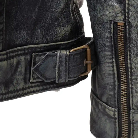 Grayson Stone Wash Cafe Racer Jacket close up zipper on distressed leather jacket