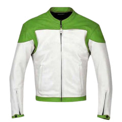 Front view of the green and white armored leather jacket, featuring a bold "electric green" chest panel with white racing accents and a central zip closure.