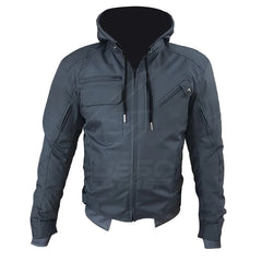 Front view of a grey hybrid motorcycle jacket featuring leather panels on high-impact areas and breathable textile mesh on the torso.