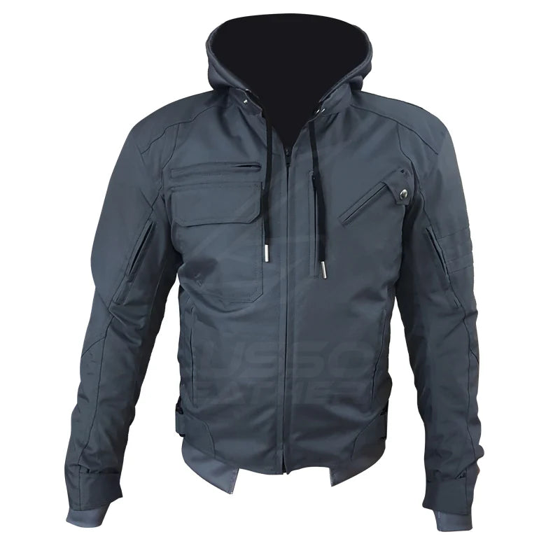 Front view of a grey hybrid motorcycle jacket featuring leather panels on high-impact areas and breathable textile mesh on the torso.