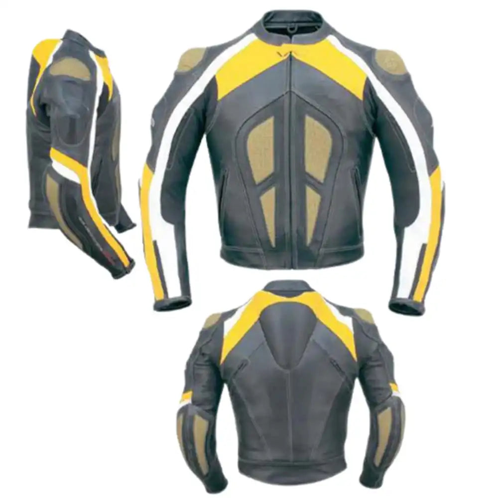 Front & back view of a grey and yellow armored leather motorcycle jacket featuring charcoal leather panels, neon yellow accents, and integrated shoulder sliders.