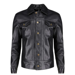 Griff Black Denim Style Leather Jacket front view black leather jacket with denim style design