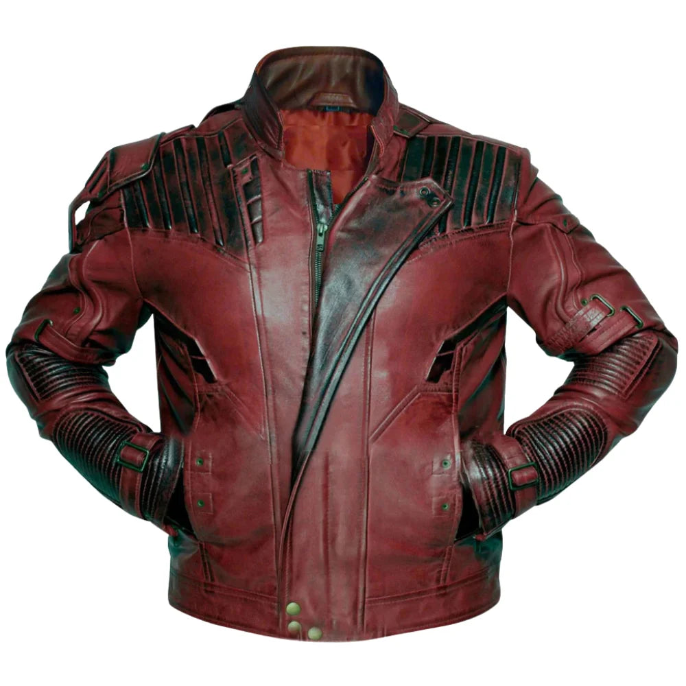A full front view of the Star Lord Burgundy leather jacket featuring an asymmetrical zipper, stand-up collar, and iconic padded shoulder detailing on a white background.