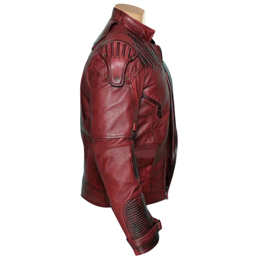 A side profile of the Star Lord jacket highlighting the quilted padding on the sleeves and the metallic buckle accents on the forearms against white background.