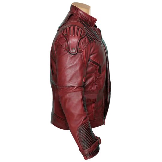 A side profile of the Star Lord jacket highlighting the quilted padding on the sleeves and the metallic buckle accents on the forearms against white background.