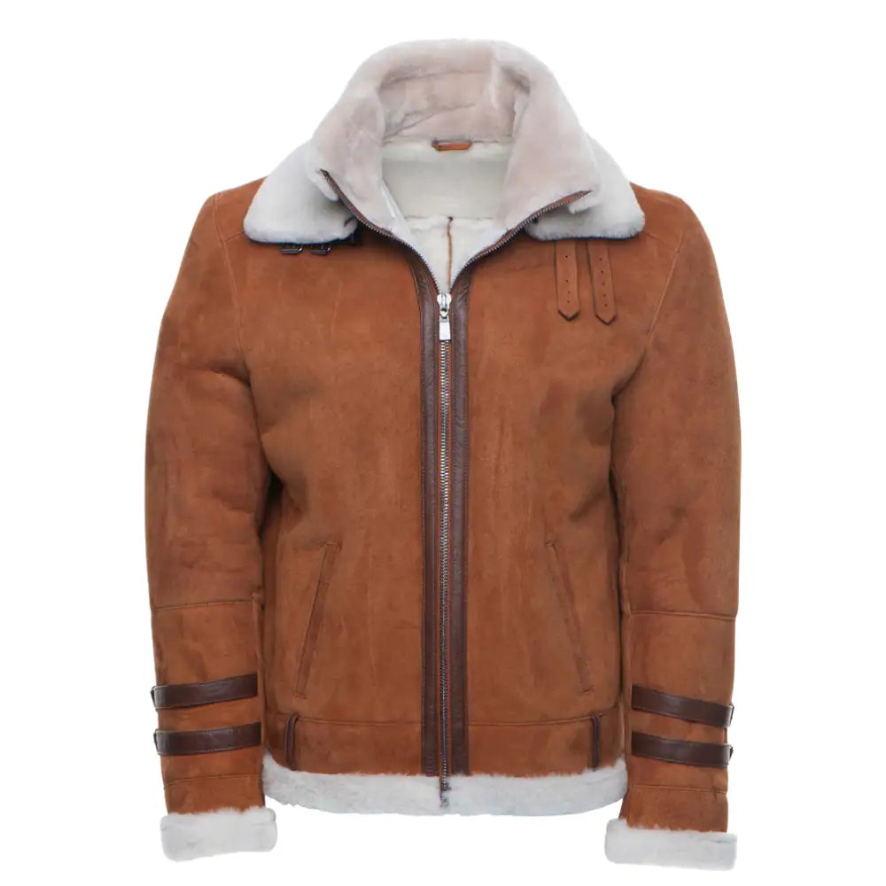 Front view of Hagan's Tan Suede Aviator Bomber Shearling Jacket, with a zip-up closure and cream shearling collar. The jacket features leather buckle straps on the sleeves and a rugged, stylish tan suede exterior, perfect for colder weather.