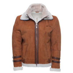 Front view of Hagan's Tan Suede Aviator Bomber Shearling Jacket, with a zip-up closure and cream shearling collar. The jacket features leather buckle straps on the sleeves and a rugged, stylish tan suede exterior, perfect for colder weather.