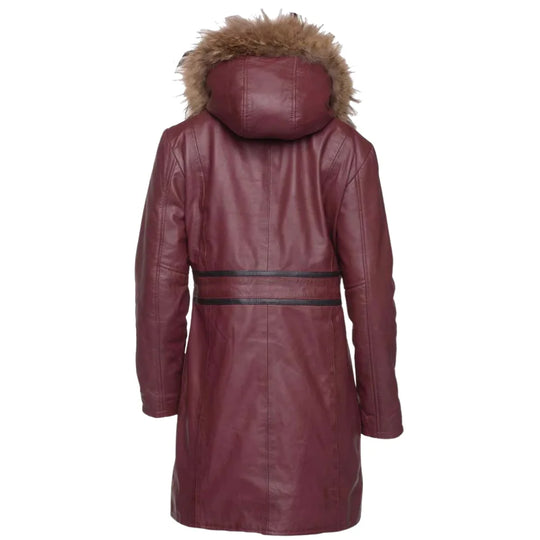Back view of Hannah's burgundy leather jacket showing the large fox fur trimmed hood and a stylish horizontal black leather cinched waist band for a tailored fit. on a white background