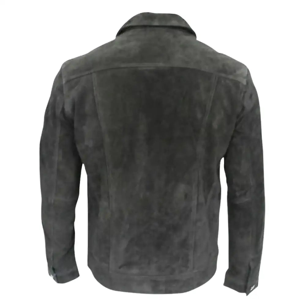 Rear view of Hart's Black suede trucker leather jacket on a mannequin against a white background