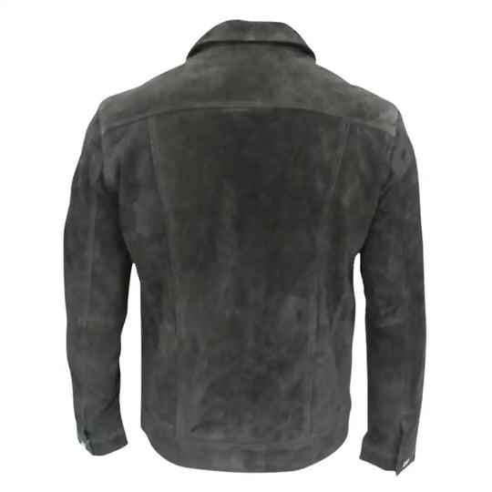 Rear view of Hart's Black suede trucker leather jacket on a mannequin against a white background