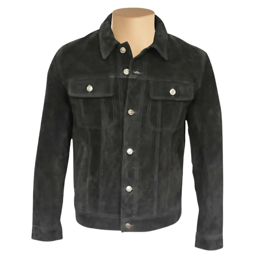 Front view of Hart's Black suede trucker leather jacket on a mannequin against a white background