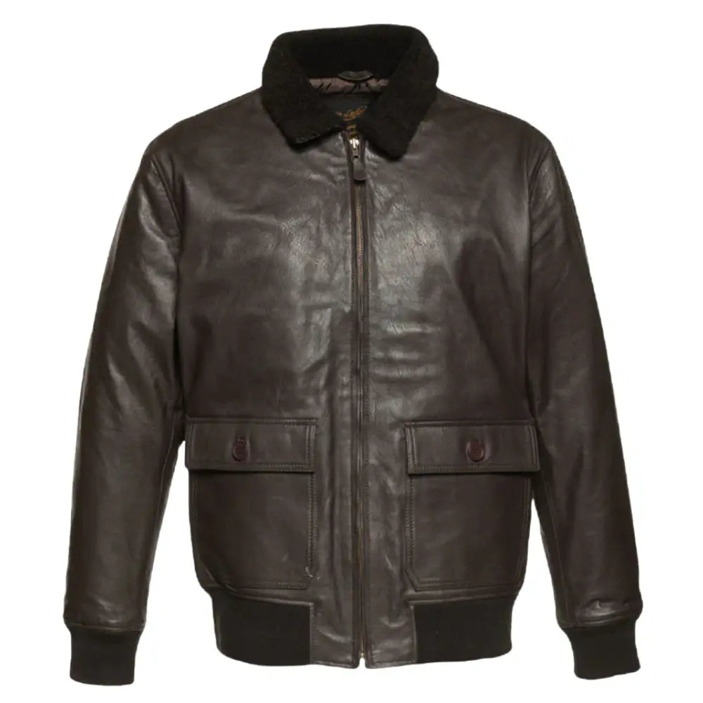 Front view of the Havana brown G1 Bomber leather jacket with a classic bomber silhouette, featuring a removable fur collar and high-quality leather finish.