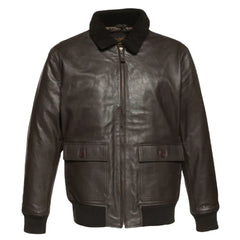 Front view of the Havana brown G1 Bomber leather jacket with a classic bomber silhouette, featuring a removable fur collar and high-quality leather finish.