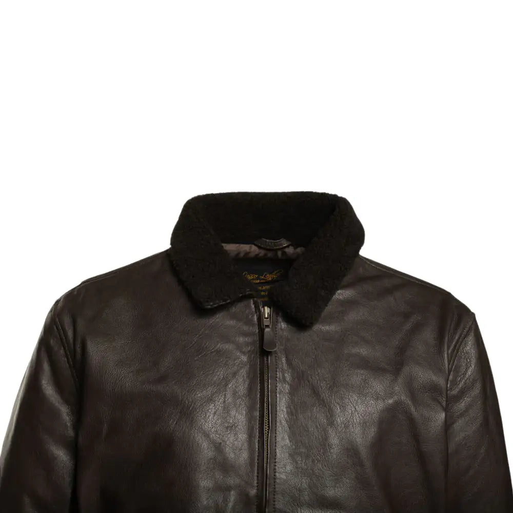 Close-up of the removable fur collar on the Havana brown G1 Bomber leather jacket, offering versatility and warmth.