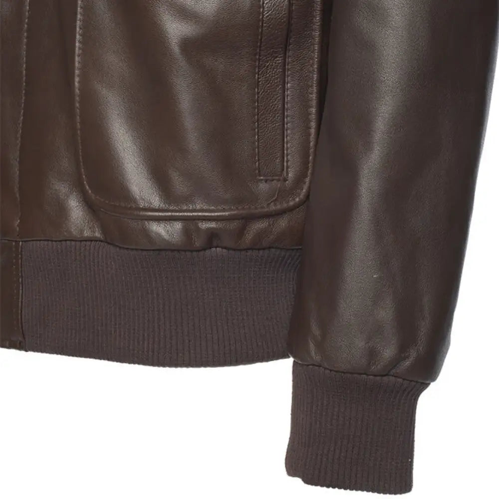 Close-up view of the tonal ribbed knit cuffs on the Henri Brown A2 Bomber Leather Jacket, providing comfort and style.