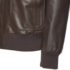 Close-up view of the tonal ribbed knit cuffs on the Henri Brown A2 Bomber Leather Jacket, providing comfort and style.