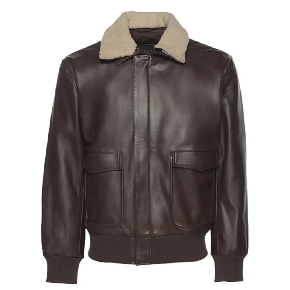 Front view of the Henri Brown A2 Bomber Leather Jacket, featuring a classic leather design with a shirt-style collar and ribbed cuffs.