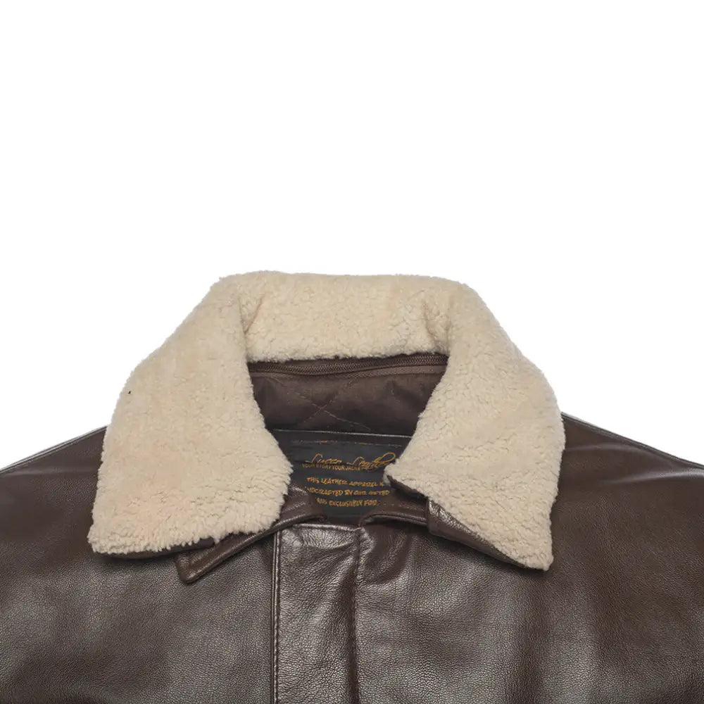 Detailed view of the shirt-style leather collar on the Henri Brown A2 Bomber Leather Jacket, designed for a classic, refined look.