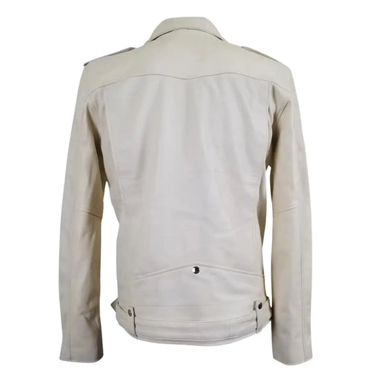 Back view of Holman's Cream Belted Leather Biker Jacket highlighting clean leather panels