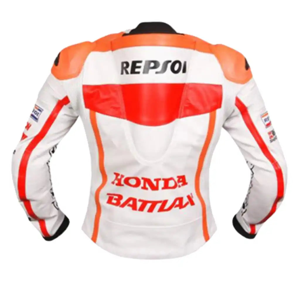 Back view showing the large "REPSOL" branding across the shoulders and a white aerodynamic speed hump against the vibrant orange leather.