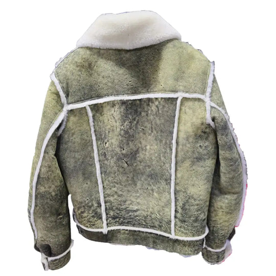 Back view of Hudson's Distressed Green Trucker Shearling Jacket showcasing the fur-lined collar and detailed stitching on the leather.