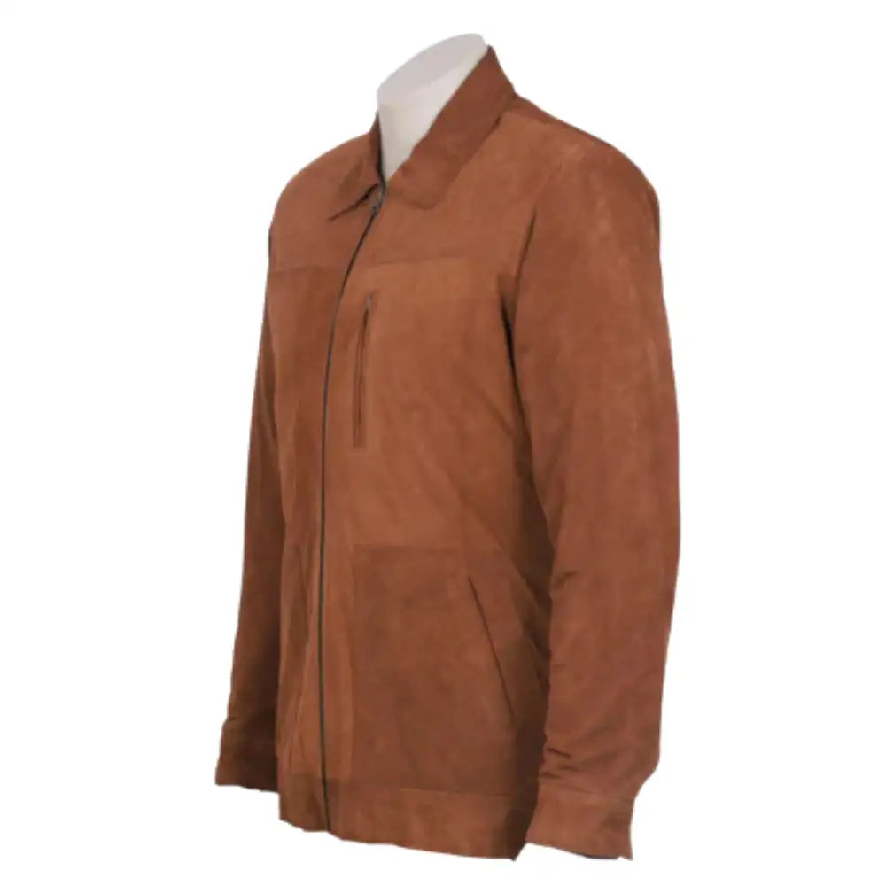 Side view of Jace tan suede leather jacket on a mannequin against a white background