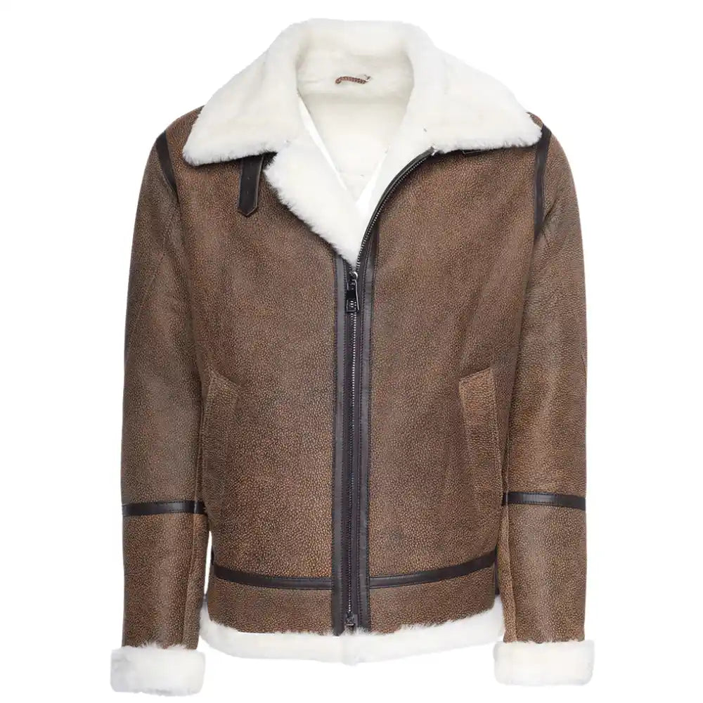 Front view of a stylish Jacoba Brown B3 shearling bomber jacket, showcasing a classic zip-up design with a soft cream shearling collar and leather trim details.