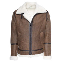 Front view of a stylish Jacoba Brown B3 shearling bomber jacket, showcasing a classic zip-up design with a soft cream shearling collar and leather trim details.