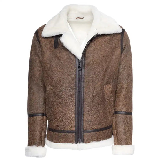 Front view of a stylish Jacoba Brown B3 shearling bomber jacket, showcasing a classic zip-up design with a soft cream shearling collar and leather trim details.