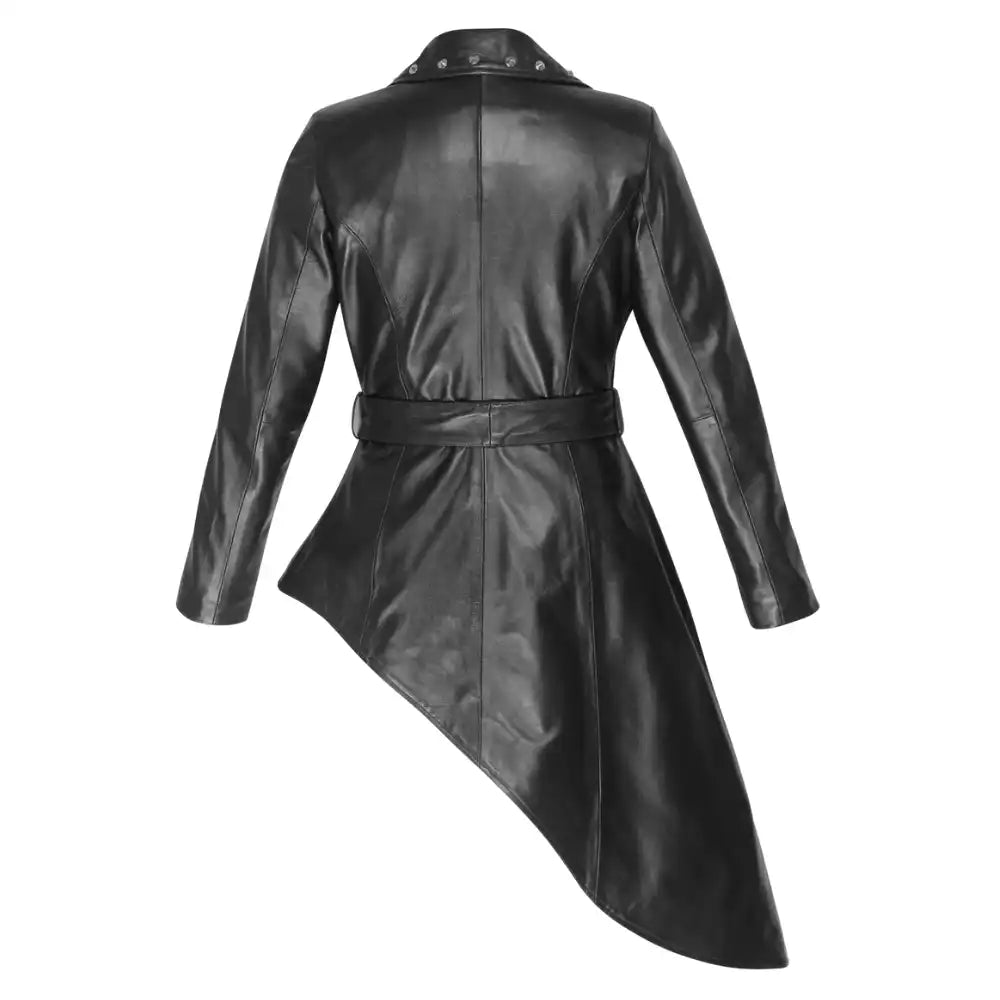 Back view of the Jennifer black asymmetrical dress, highlighting the sleek fit and leather belt.