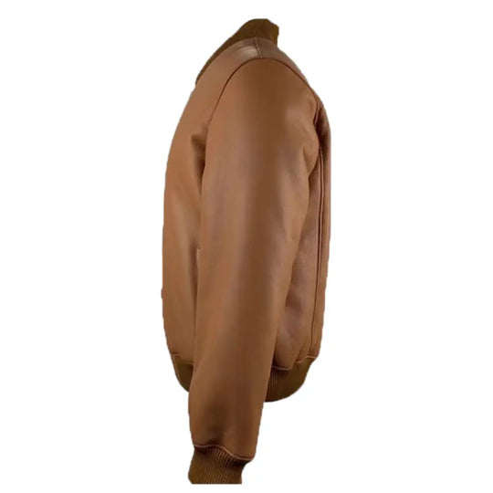 Side profile of the Jonathan Tan shearling bomber jacket, highlighting its sleek silhouette, ribbed cuffs, and waistband, with a zipper closure.