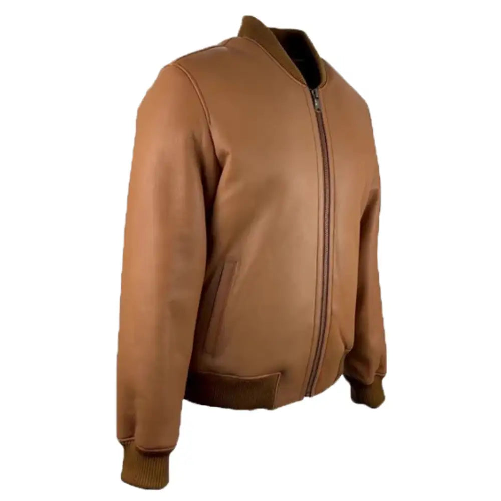 Another angle of the Jonathan Tan shearling bomber jacket, focusing on its front with zipper closure, ribbed cuffs, and waistband.