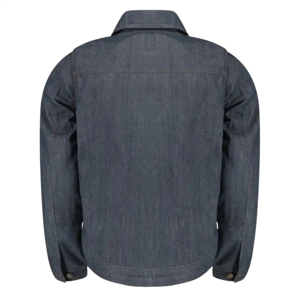Rear view of the Julian jacket showing the seamless blue denim back with hidden Kevlar lining and reinforced leather waistband for added abrasion resistance.
