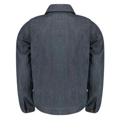 Rear view of the Julian jacket showing the seamless blue denim back with hidden Kevlar lining and reinforced leather waistband for added abrasion resistance.